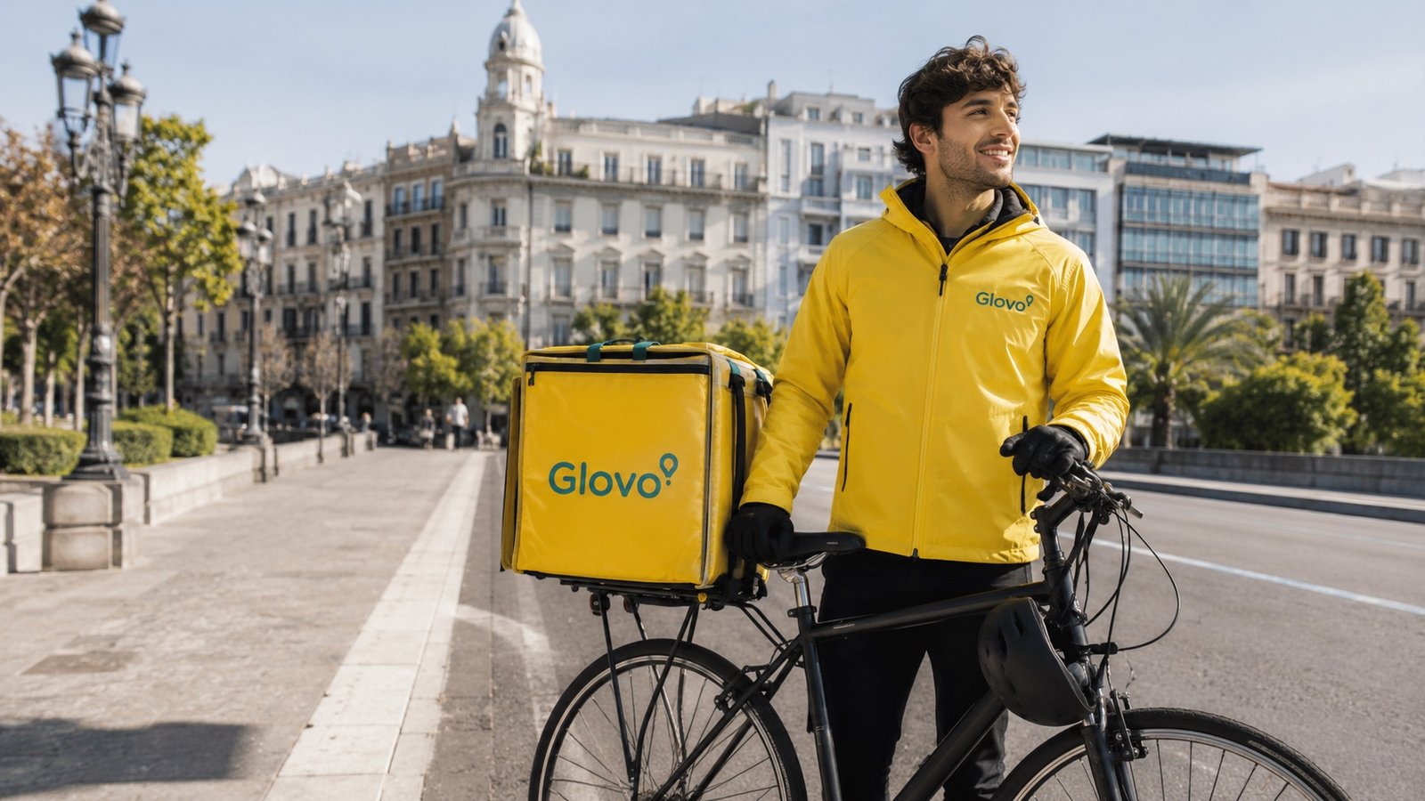Curier Glovo cu bicicletă și geantă de livrare